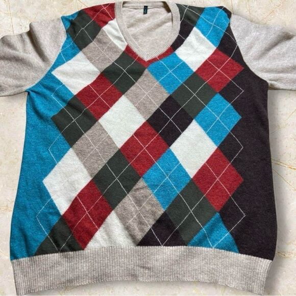 Benetton Argyle Long Sleeve V-Neck Pullover Sweater Small Preppy Academia - Picture 5 of 8